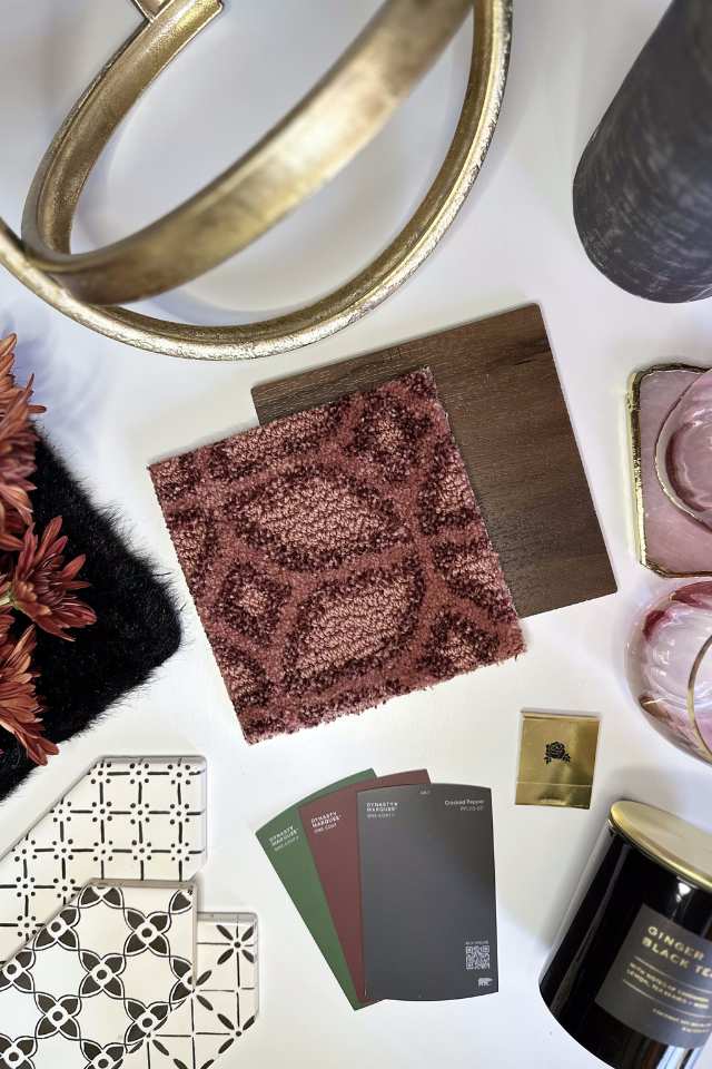 fire sign mood board with pattern maroon carpet, dark hardwood and black and white tile